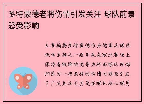 多特蒙德老将伤情引发关注 球队前景恐受影响
