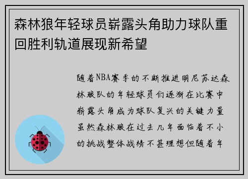 森林狼年轻球员崭露头角助力球队重回胜利轨道展现新希望