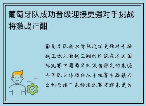 葡萄牙队成功晋级迎接更强对手挑战将激战正酣