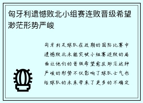 匈牙利遗憾败北小组赛连败晋级希望渺茫形势严峻
